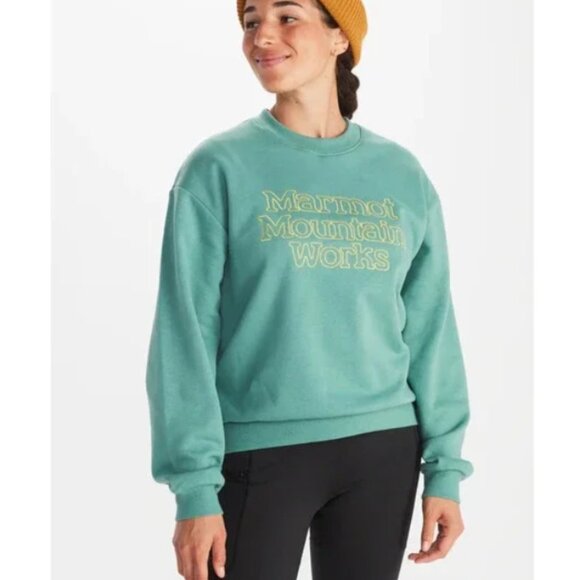 Marmot Mountain Works Boxy Crewneck Women's Sweatshirt Blue Agave Green Yellow S - Picture 1 of 3